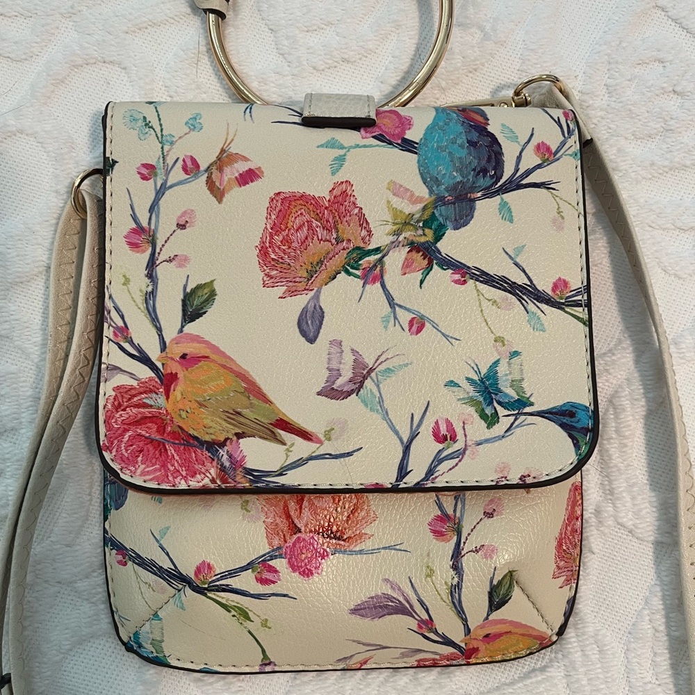 Floral, bird, butterfly crossbody purse.